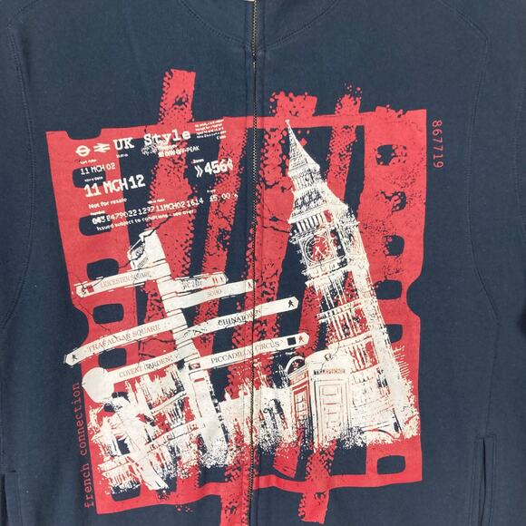 NWOT FRENCH CONNECTION Sweatshirt Track Jacket XL Navy Graphic-Art-London Zip - Picture 4 of 9